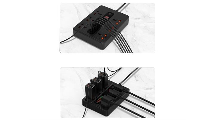 چند راهی و محافظ برق با خروجی USB رسی مدل RC06 دو متری Recci Multifunction Power Socket RC06 2m