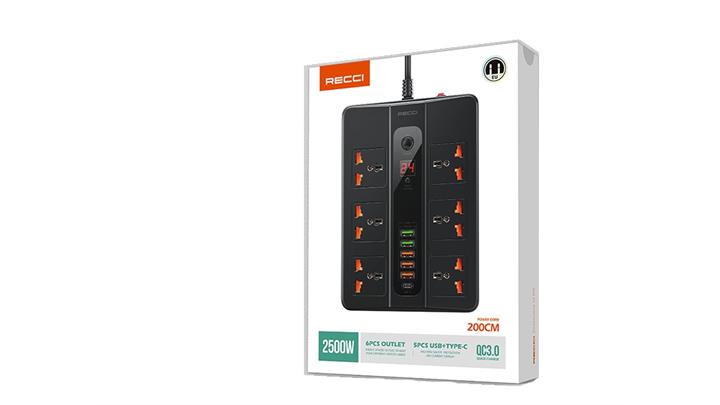 چند راهی و محافظ برق با خروجی USB رسی مدل RC06 دو متری Recci Multifunction Power Socket RC06 2m