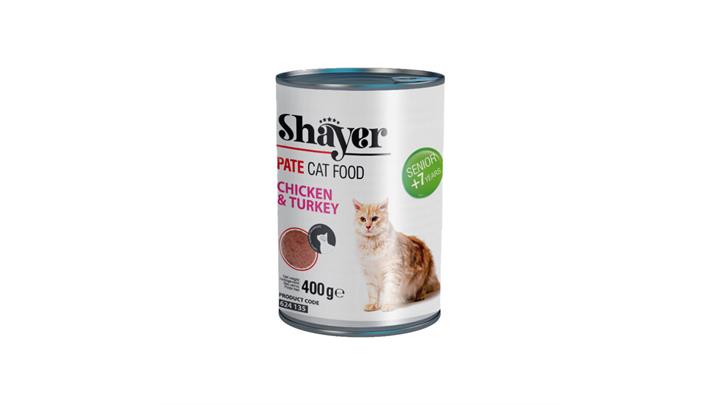 کنسرو مخصوص گربه، بالای ۷ سال، حاوی مرغ و بوقلمون، ۴۰۰ گرمی، برند شایر(Shayer) کد352