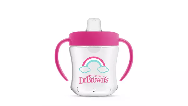 لیوان آبمیوه خوری نی دار رنگ صورتی 360 درجه طرح ستاره 180 میل دکتر براون Dr.browns