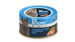 کنسرو گربه بالغ برند پابلو Pablo طعم مرغ ، سالمون و کدو تنبل وزن 200 گرم