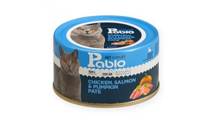 کنسرو گربه بالغ برند پابلو Pablo طعم مرغ ، سالمون و کدو تنبل وزن 200 گرم