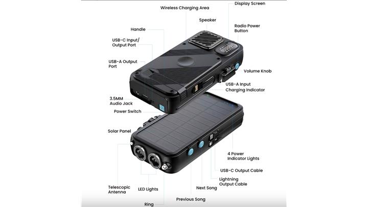 پاوربانک خورشیدی 16000 میلی‌آمپر پاورولوژی Powerology 16000mAh Solar Power with FM Radio Speaker and Lights