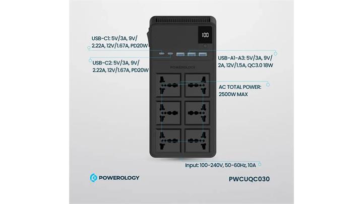 چندراهی برق پاورولوژی Powerology 2500W 6AC Power Strip with Built-In Retractable Cables PWCUQC030