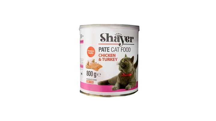 کنسرو مخصوص گربه، حاوی مرغ و بوقلمون، پاته، ۸۰۰ گرمی،برند شایر(Shayer) کد346
