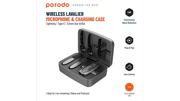 میکروفون بی سیم پرودو Porodo Wireless Lavalier Microphone and Charging Case