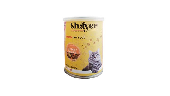 کنسرو مخصوص گربه، چانک، مرغ در سس کدو حلوایی، ۴۰۰ گرمی، برند شایر(Shayer) کد371