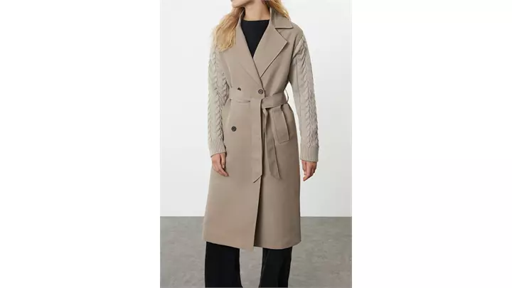 ترنچ کت بلند زنانه Knitwear Detailed Regular Long اورجینال