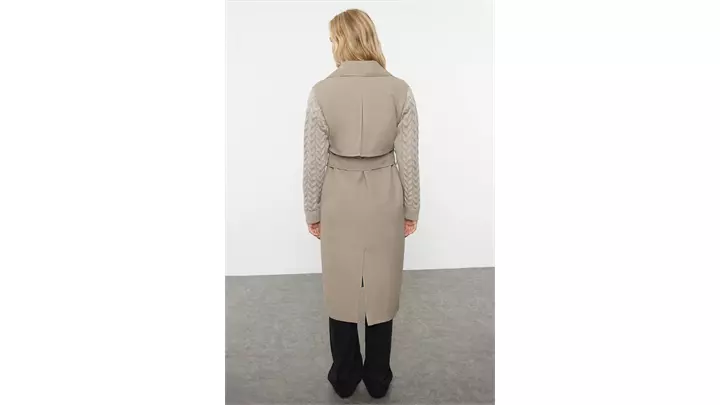 ترنچ کت بلند زنانه Knitwear Detailed Regular Long اورجینال