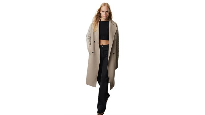 ترنچ کت بلند زنانه Knitwear Detailed Regular Long اورجینال
