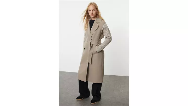 ترنچ کت بلند زنانه Knitwear Detailed Regular Long اورجینال