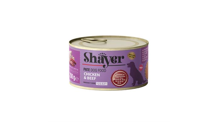 کنسرو مخصوص سگ، حاوی مرغ و گوشت گوساله، پاته، در وزن های متفاوت، برند شایر(Shayer) 177